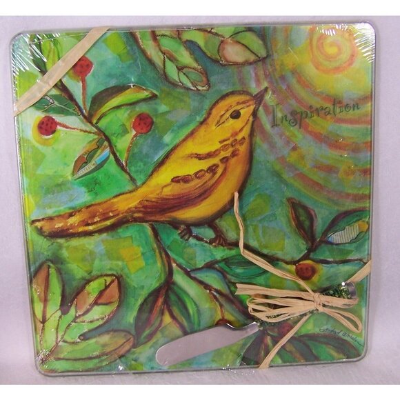 Song Bird LSArts Tempered Glass Cheese Plate Trivet and Spreader Linda Altshuler - Picture 1 of 4